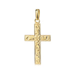Goldener Kreuzanhänger mit floralen Gravuren, 14 Karat Gelbgold, handgefertigt von Aurevia Manufaktur