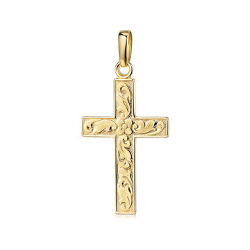 Goldener Kreuzanhänger mit floralen Gravuren, 14 Karat Gelbgold, handgefertigt von Aurevia Manufaktur