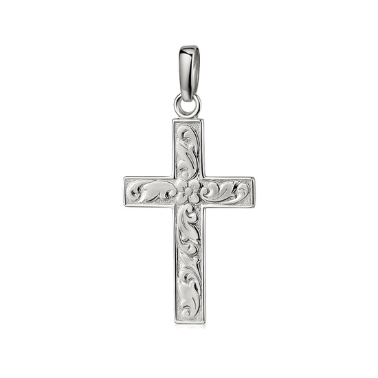 Silberner Kreuz-Anhänger mit floralen Gravuren und Blütenmotiv in der Mitte, polierte Oberfläche