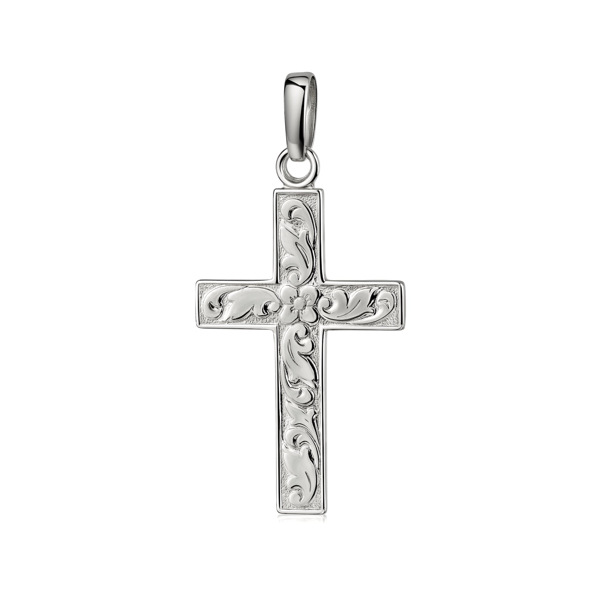 Silberner Kreuz-Anhänger mit floralen Gravuren und Blütenmotiv in der Mitte, polierte Oberfläche