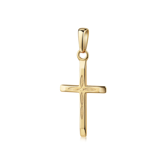 Goldener Kreuz-Anhänger mit feiner Blattgravur, polierte Oberfläche, Öse für Kette, aus 333er oder 585er Gold