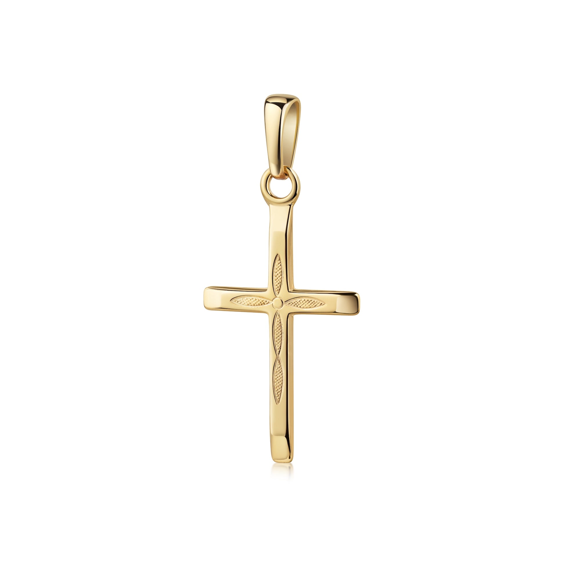 Goldener Kreuz-Anhänger mit feiner Blattgravur, polierte Oberfläche, Öse für Kette, aus 333er oder 585er Gold