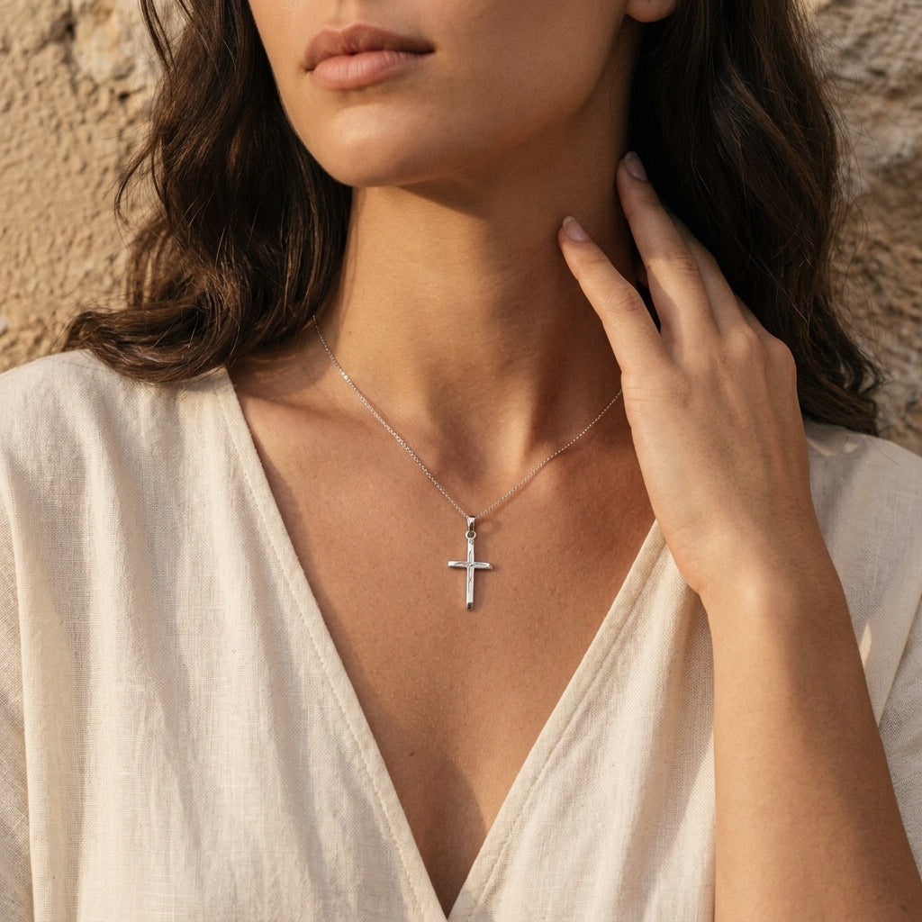 Frau trägt silbernen Kreuz-Anhänger Leaf an filigraner Kette, weißes Leinenhemd, warmes Sonnenlicht