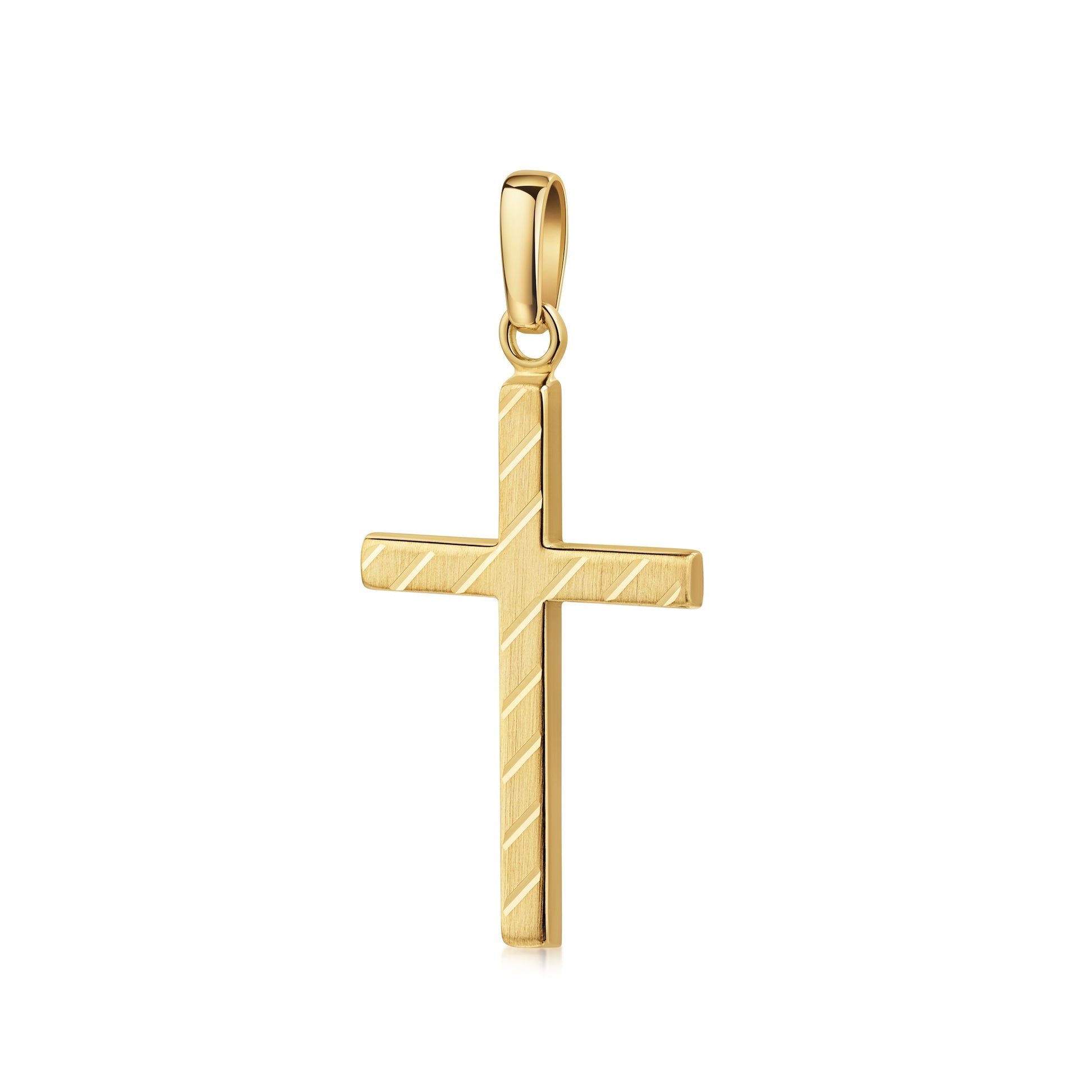 Goldener Kreuzanhänger mit diagonalen Rillen, polierte Oberfläche, 333er Gelbgold, eleganter Schmuckanhänger
