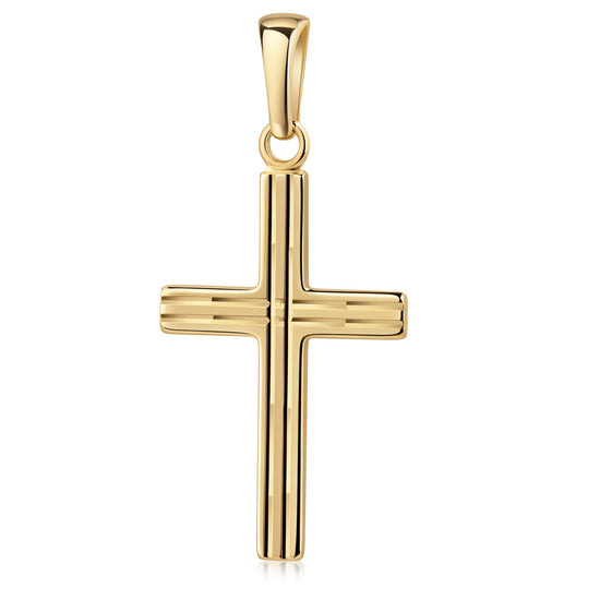 Goldener Kreuz-Anhänger mit feinen Linien-Gravuren, hochglanzpoliert, mit Öse für Ketten
