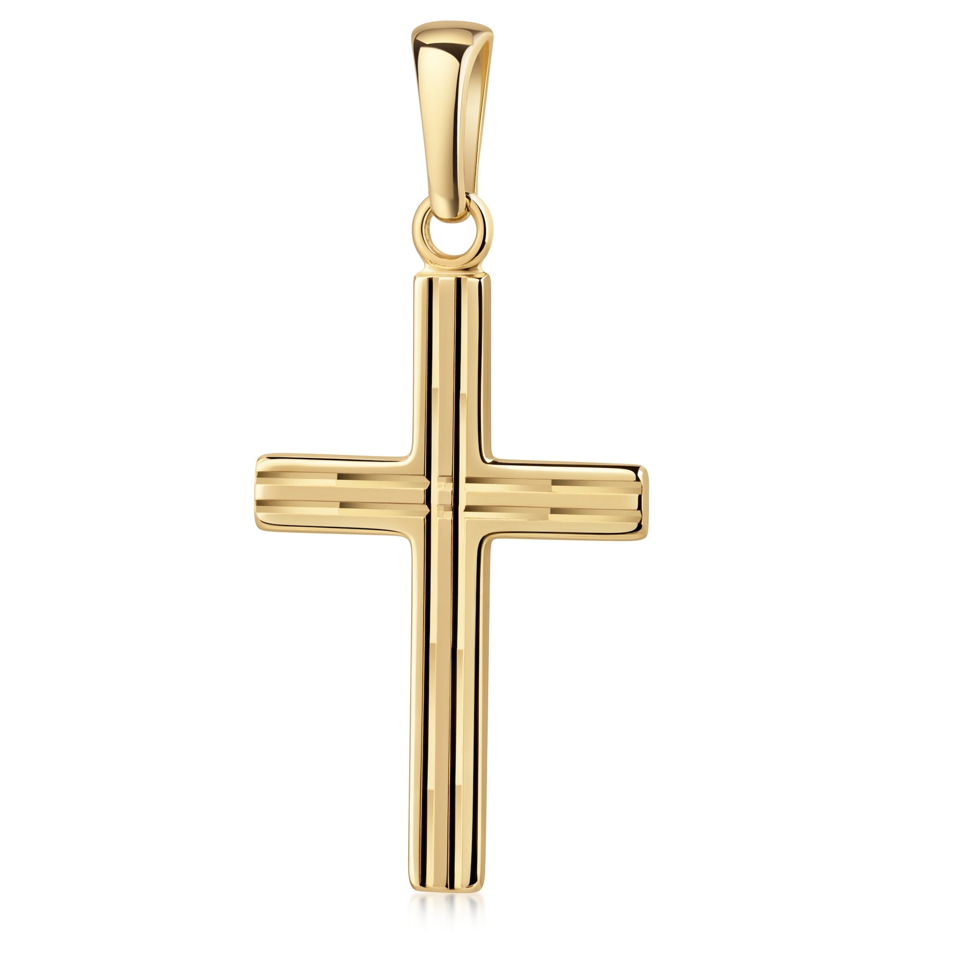 Goldener Kreuz-Anhänger mit feinen Linien-Gravuren, hochglanzpoliert, mit Öse für Ketten