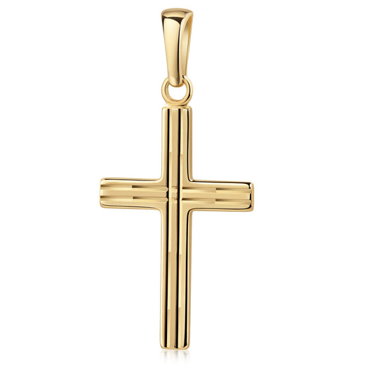 Goldener Kreuz-Anhänger mit feinen Linien-Gravuren, hochglanzpoliert, mit Öse für Ketten