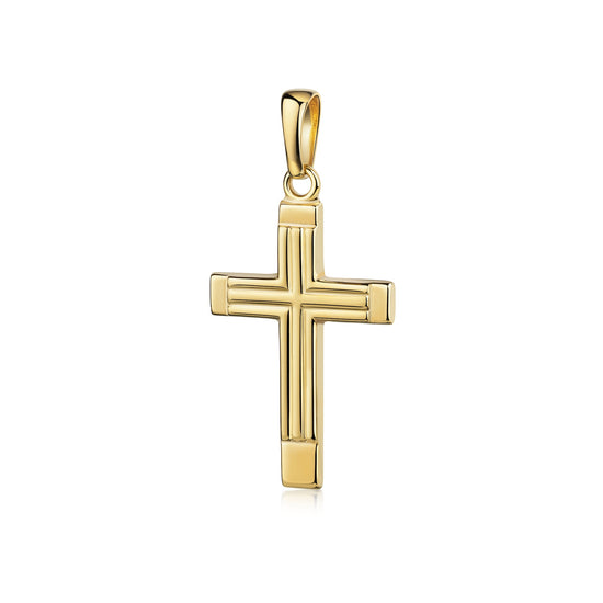 Goldener Kreuzanhänger Linea mit gekreuzten Linien im Inneren, poliertes Gelbgold, elegante Öse, Aurevia Manufaktur