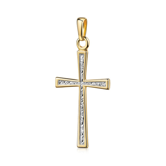 Goldener Kreuz-Anhänger mit filigranem Silbermuster im Zentrum, glänzend poliert, mit Öse zum Anhängen