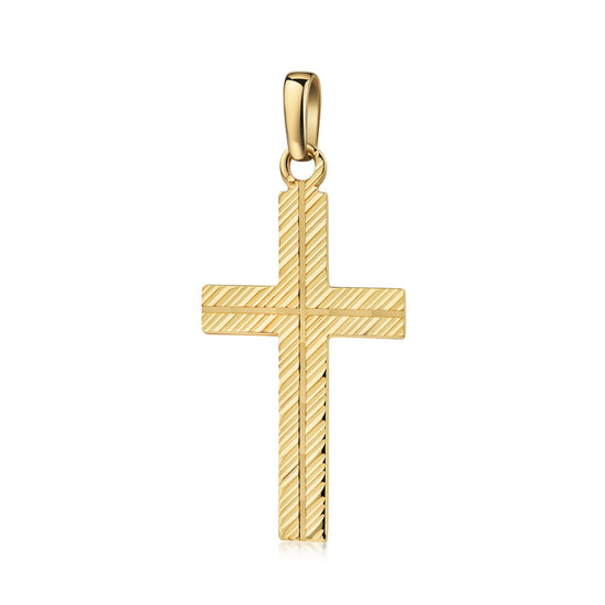 Goldener Kreuz-Anhänger Ray mit diagonalem Rillen-Muster und polierter Öse, handgefertigt aus massivem Gold