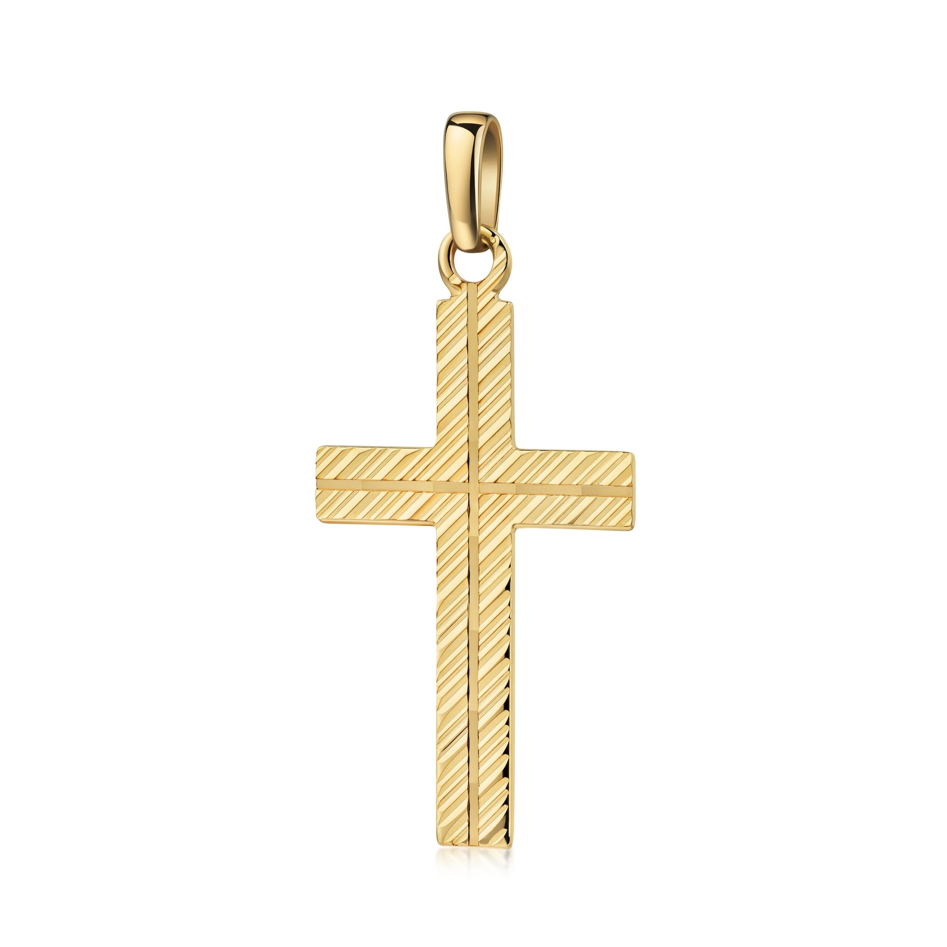 Goldener Kreuz-Anhänger Ray mit diagonalem Rillen-Muster und polierter Öse, handgefertigt aus massivem Gold