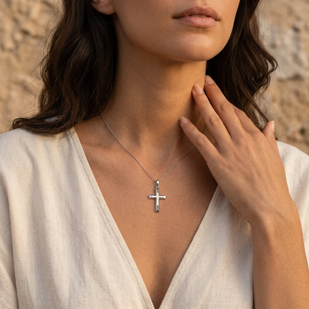 Frau trägt silbernen Kreuz-Anhänger Risen an filigraner Kette, weißes Leinenhemd, natürlicher Look