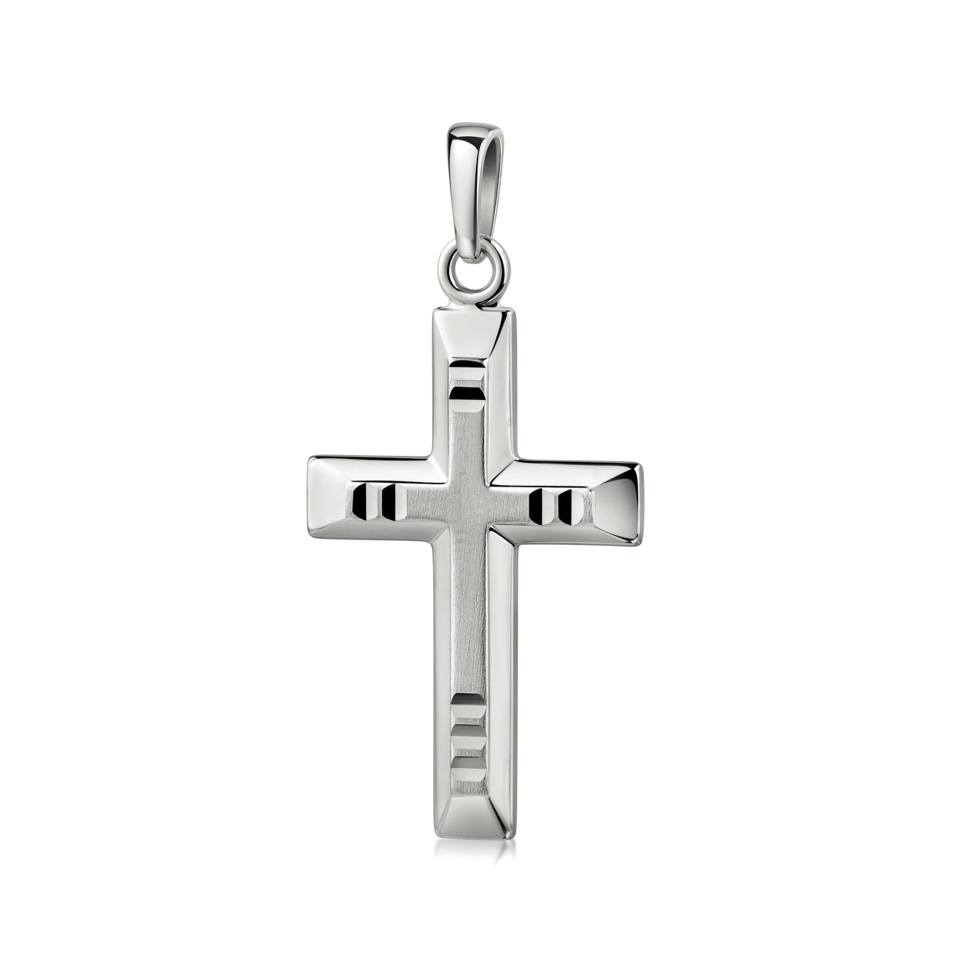 Silberner Kreuz-Anhänger mit mattem Mittelstreifen und polierten Kanten, moderne geometrische Form aus 925er Sterlingsilber