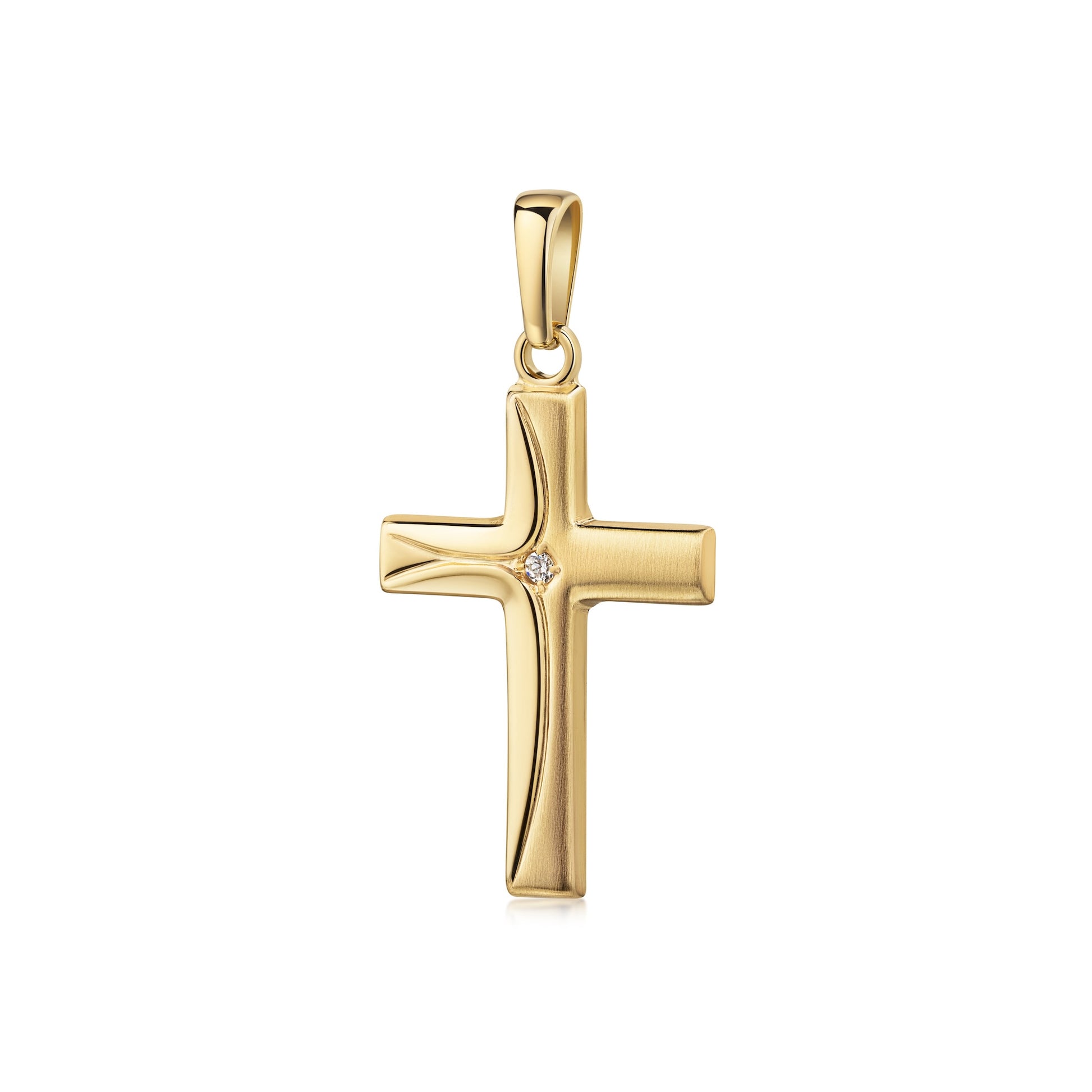 Goldener Kreuzanhänger mit zentral gefasstem Zirkonia, polierte Oberfläche mit feinen Linien, Öse für Kette