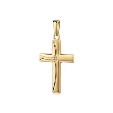 Goldener Kreuzanhänger mit zentral gefasstem Zirkonia, polierte Oberfläche mit feinen Linien, Öse für Kette