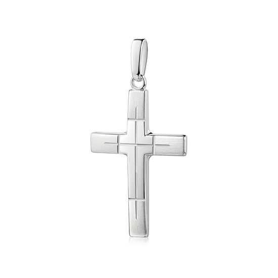 Silberner Kreuzanhänger mit mattierter Oberfläche und poliertem Kreuz in der Mitte, Salvation von Aurevia