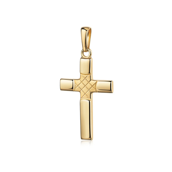 Goldener Kreuz-Anhänger mit diagonalem Rautenmuster im Zentrum, glänzend poliert, mit Öse zum Anhängen