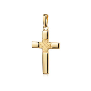 Goldener Kreuz-Anhänger mit diagonalem Rautenmuster im Zentrum, glänzend poliert, mit Öse zum Anhängen