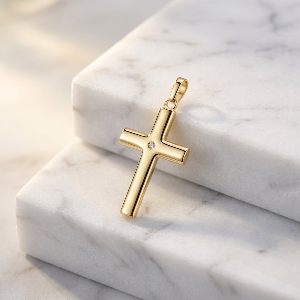 Goldener Kreuzanhänger mit Diamant in der Mitte auf weißem Marmor, polierte Oberfläche, Aurevia Manufaktur