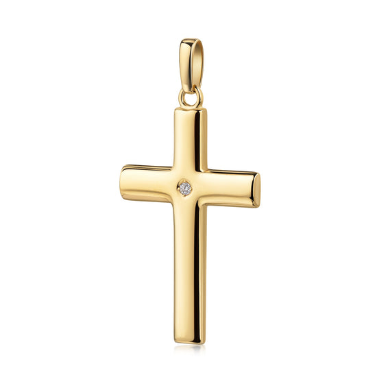 Goldener Kreuz-Anhänger mit funkelndem Diamant in der Mitte, polierte Oberfläche, elegante Form