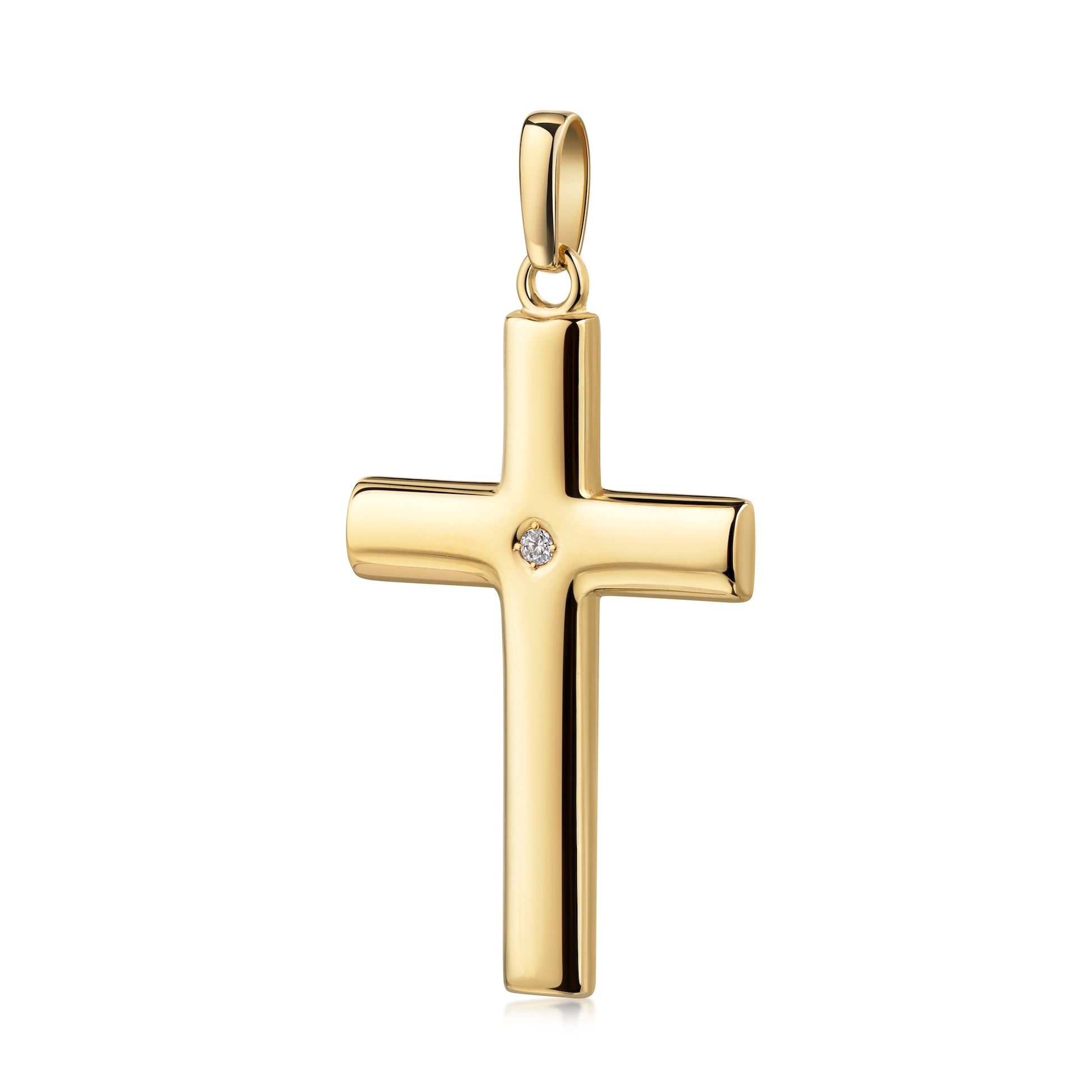 Goldener Kreuz-Anhänger mit funkelndem Diamant in der Mitte, polierte Oberfläche, elegante Form