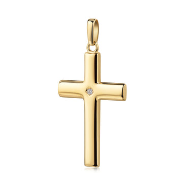 Goldener Kreuz-Anhänger mit funkelndem Diamant in der Mitte, polierte Oberfläche, elegante Form