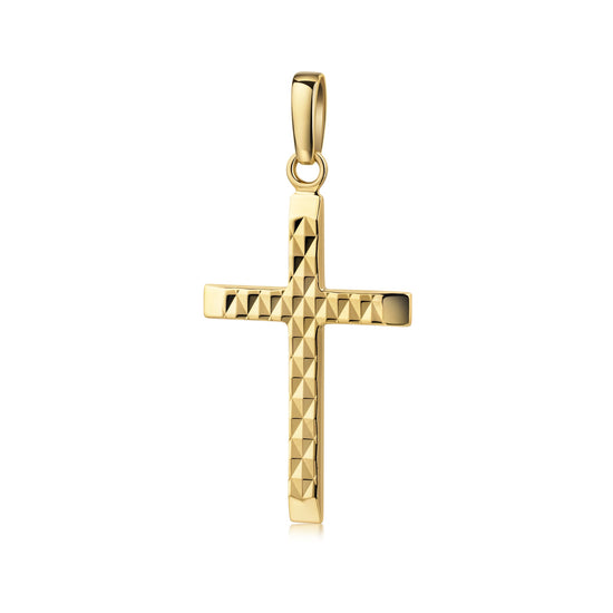 Goldener Kreuz-Anhänger mit facettierter Tweed-Struktur, 333er Gelbgold, glänzend poliert mit geometrischem Diamantmuster