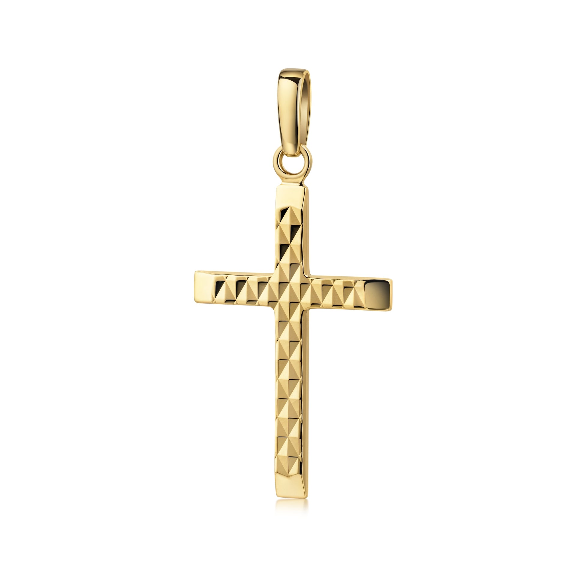 Goldener Kreuz-Anhänger mit facettierter Tweed-Struktur, 333er Gelbgold, glänzend poliert mit geometrischem Diamantmuster