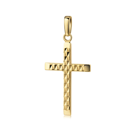 Goldener Kreuz-Anhänger mit facettierter Tweed-Struktur, 333er Gelbgold, glänzend poliert mit geometrischem Diamantmuster