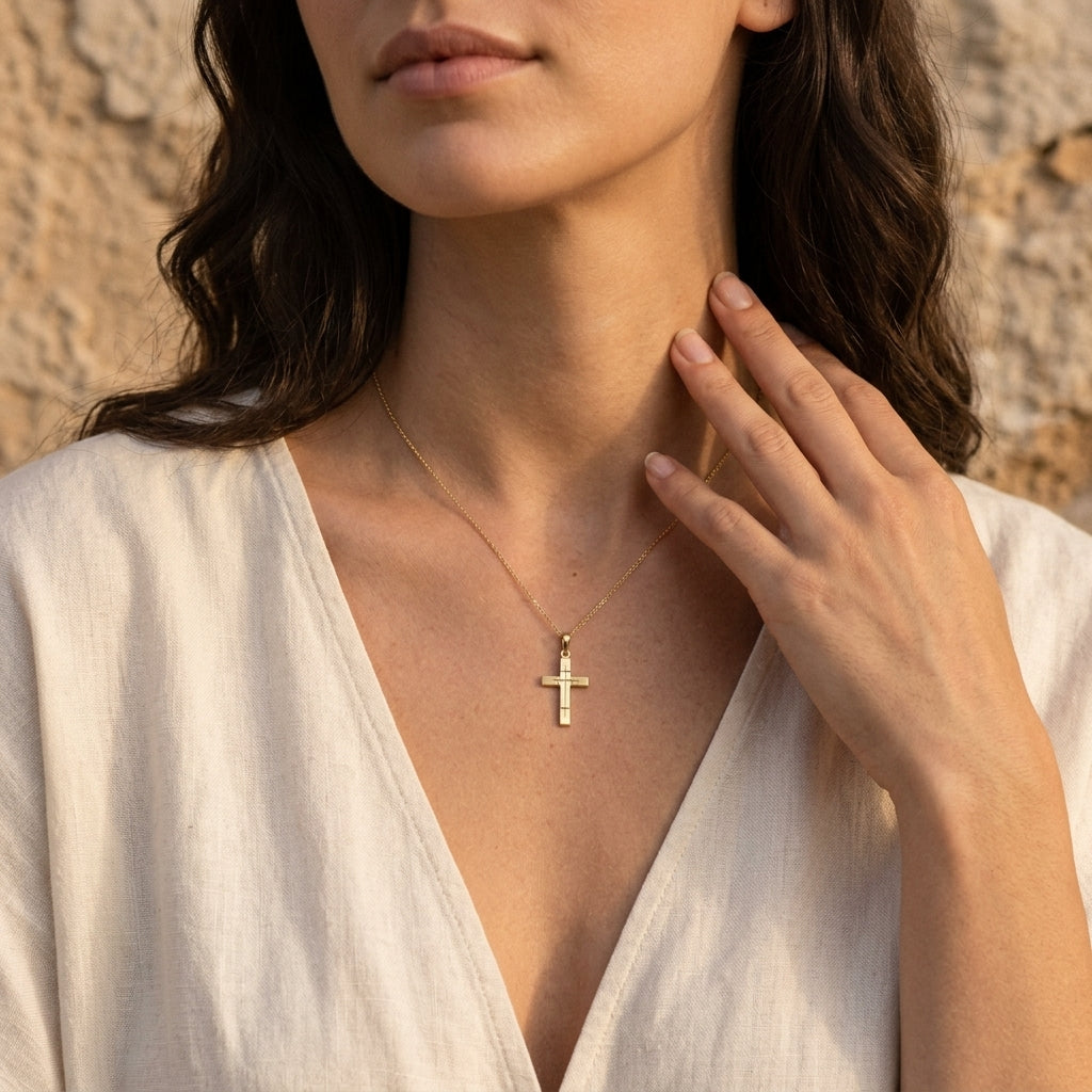 Frau trägt goldenen Kreuz-Anhänger Vector an feiner Kette, schlichtes Design aus Echtgold, weißes Leinenhemd