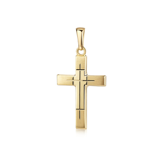 Goldener Kreuz-Anhänger mit feinen schwarzen Linien, mattierte Oberfläche, hochglanzpolierte Kanten, Aurevia Manufaktur