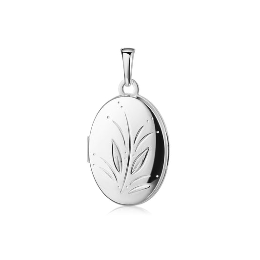 Silbernes Oval-Medaillon mit graviertem Blattmotiv, aufklappbar, glänzend poliert, an Öse hängend
