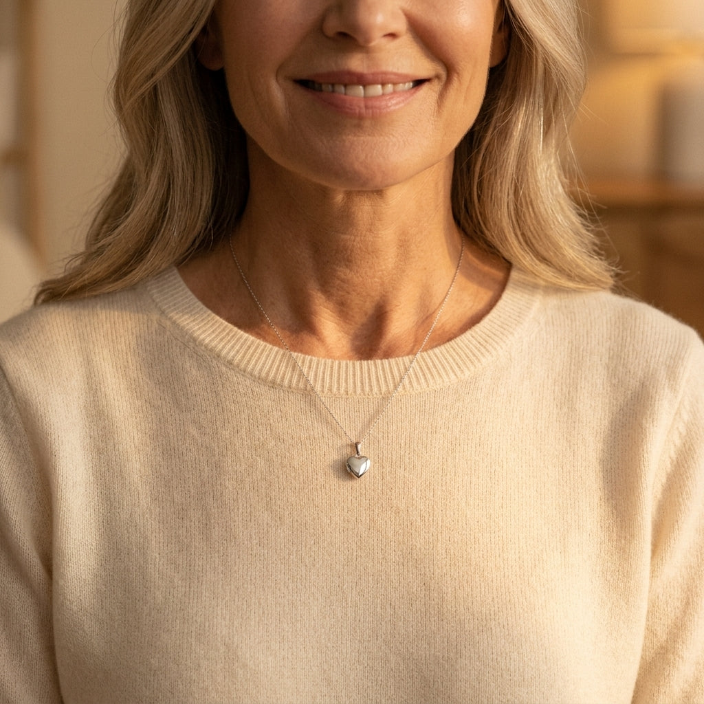 Frau trägt silbernes Herz-Medaillon Pure Petite an feiner Kette über beigem Pullover, dezent und elegant