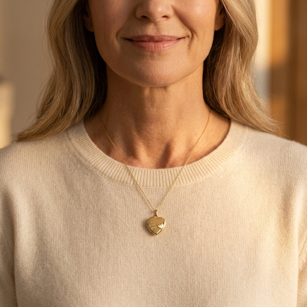 Goldenes Herz-Medaillon mit I love you Gravur an feiner Kette, getragen auf hellem Pullover