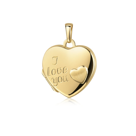 Goldenes Herz-Medaillon mit Gravur "I love you" und kleinem Herz-Relief, aufklappbar, glänzend poliert