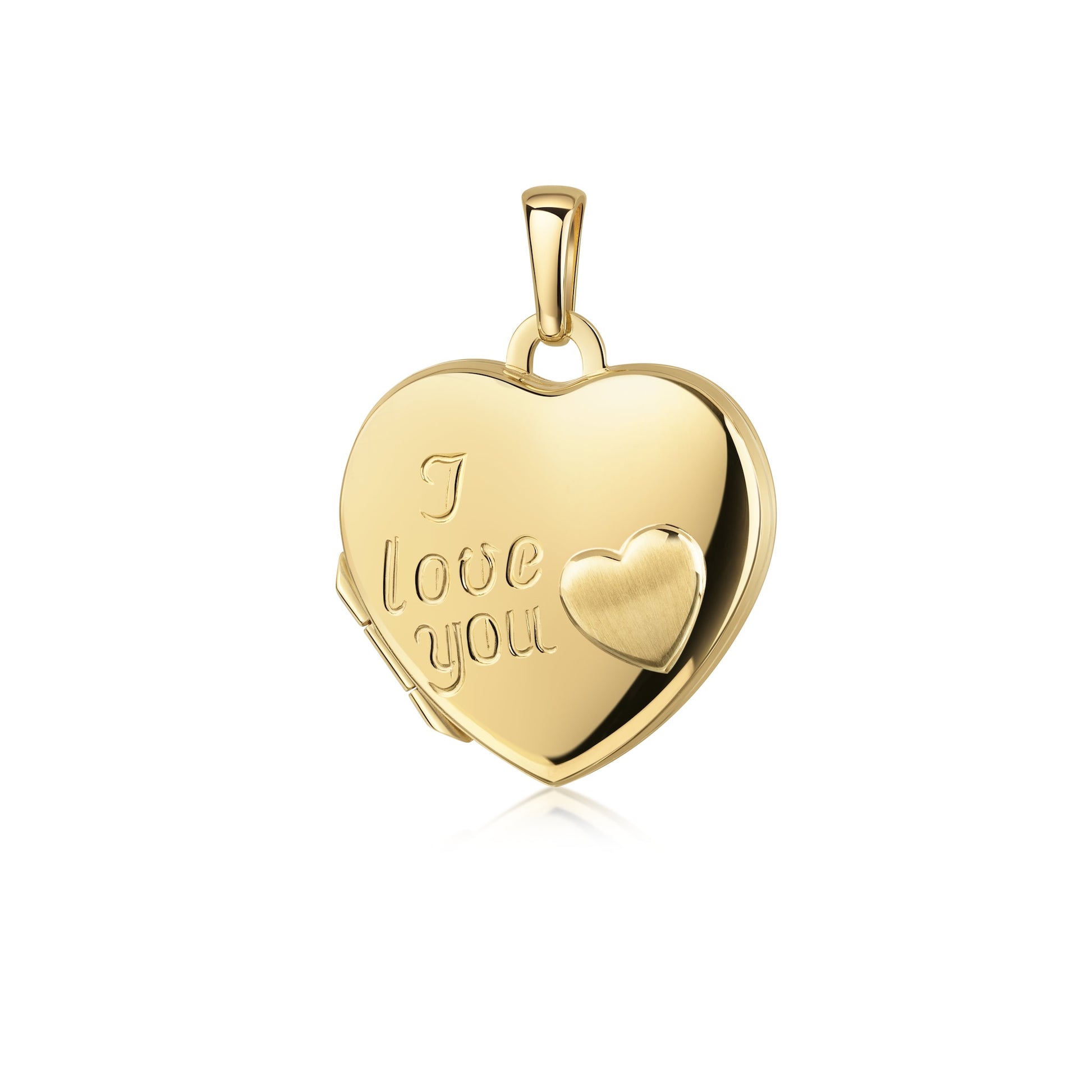 Goldenes Herz-Medaillon mit Gravur "I love you" und kleinem Herz-Relief, aufklappbar, glänzend poliert