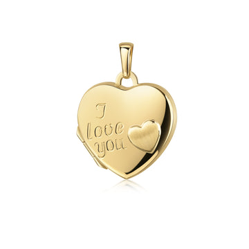 Goldenes Herz-Medaillon mit Gravur "I love you" und kleinem Herz-Relief, aufklappbar, glänzend poliert