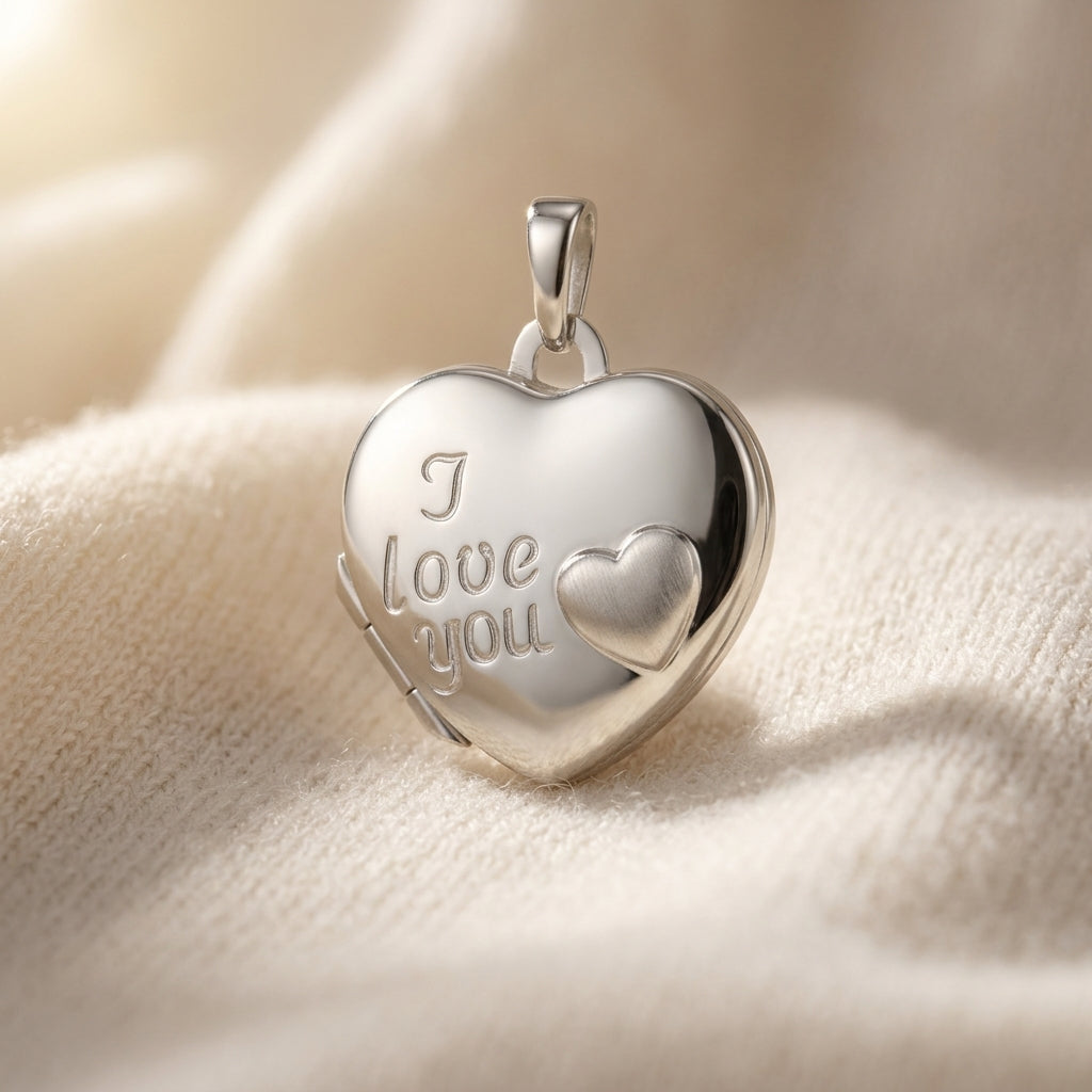 Silbernes Herz-Medaillon mit Gravur "I love you" und kleinem Herz, aufklappbar, auf cremefarbenem Seidenstoff