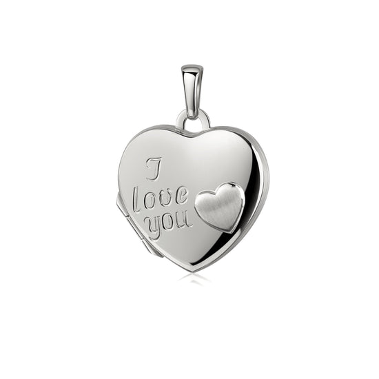 Silbernes Herz-Medaillon mit Gravur "I love you" und kleinem Herz-Relief, polierte Oberfläche, aufklappbar