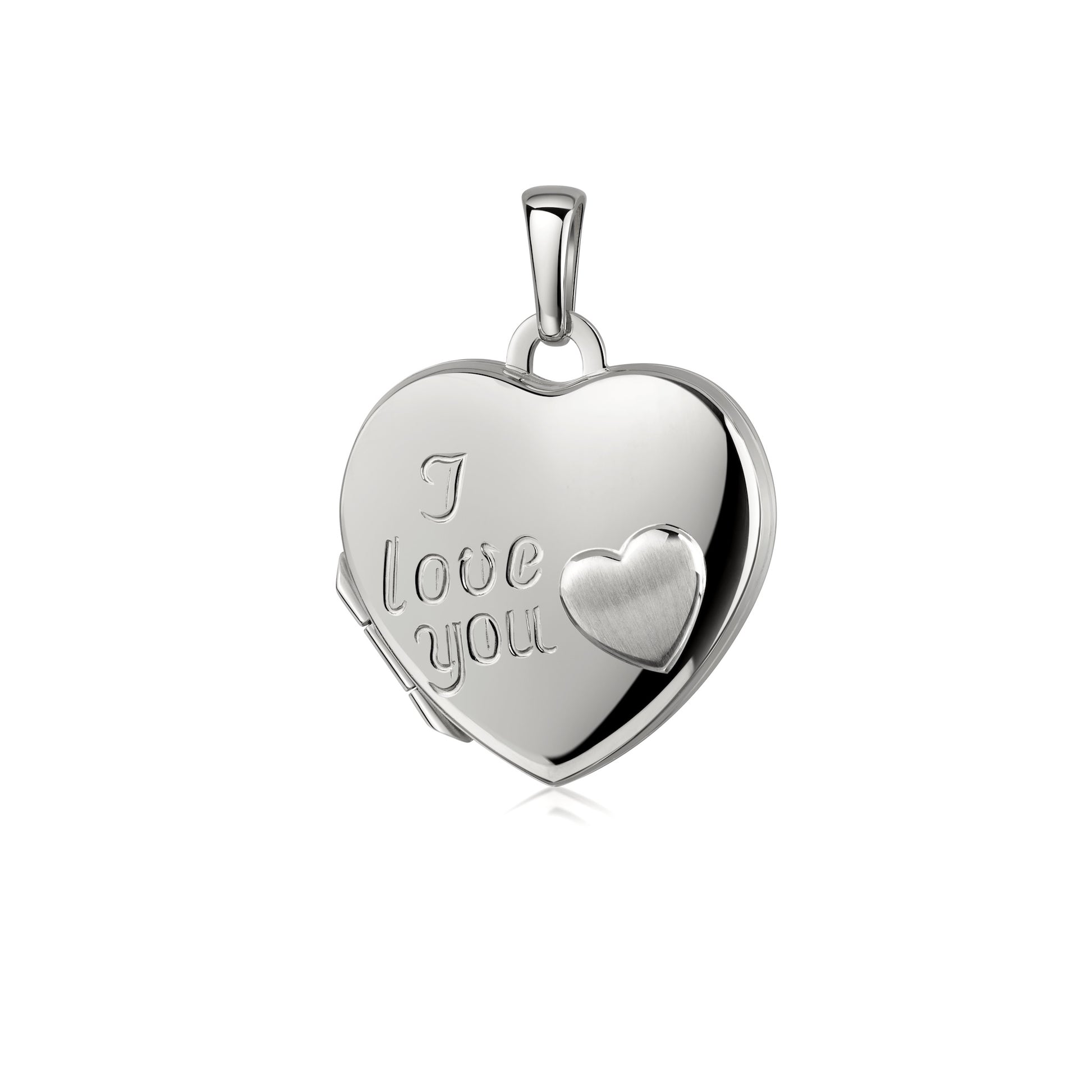 Silbernes Herz-Medaillon mit Gravur "I love you" und kleinem Herz-Relief, polierte Oberfläche, aufklappbar