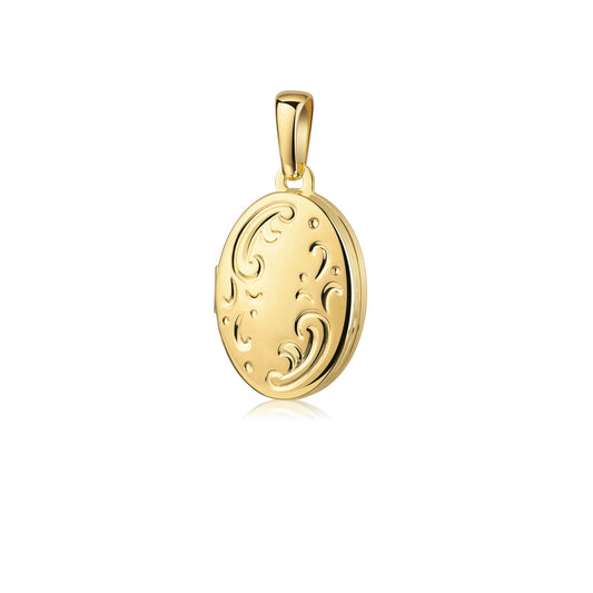 Goldenes Oval-Medaillon mit filigranen Schnörkel-Gravuren, Anhänger zum Öffnen für persönliche Erinnerungen