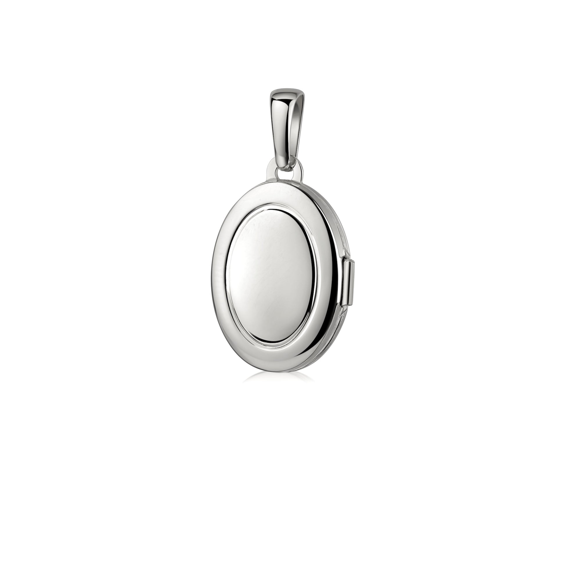 Ovales Silber-Medaillon Iris mit glänzend polierter Oberfläche und Klappverschluss an eleganter Öse