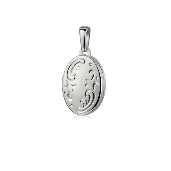 Silbernes Oval-Medaillon mit filigranen Wirbelmustern und polierter Oberfläche zum Öffnen, Anhänger aus Echtsilber