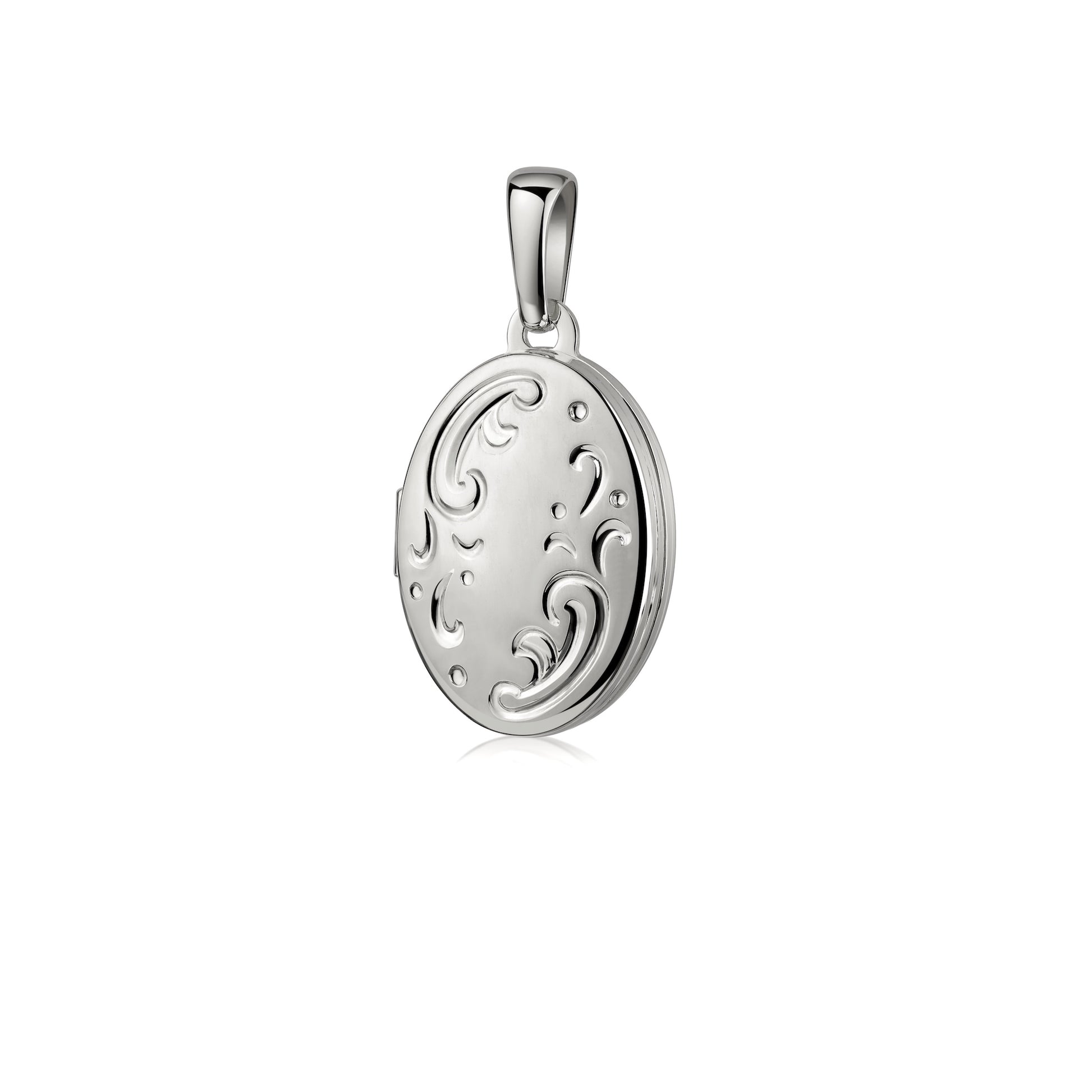 Silbernes Oval-Medaillon mit filigranen Wirbelmustern und polierter Oberfläche zum Öffnen, Anhänger aus Echtsilber
