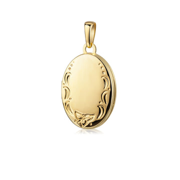 Ovales Gold-Medaillon mit floralen Gravuren und Schmetterling-Detail am unteren Rand, hochglänzend poliert