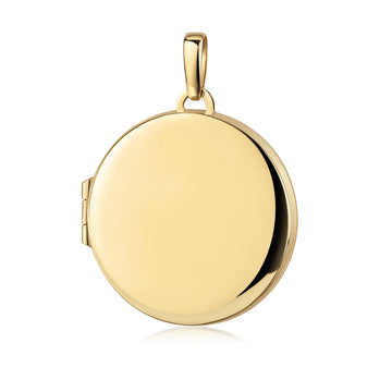 Rundes goldenes Medaillon Luna mit glänzend polierter Oberfläche, Klappverschluss und eleganter Öse zum Öffnen