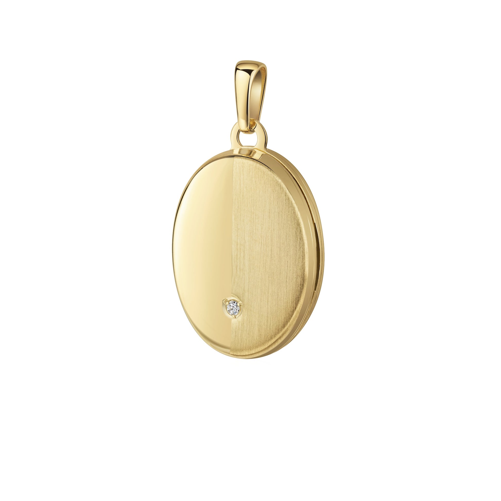 Goldenes ovales Medaillon mit matter Oberfläche, kleiner Zirkonia und polierter Anhängeröse