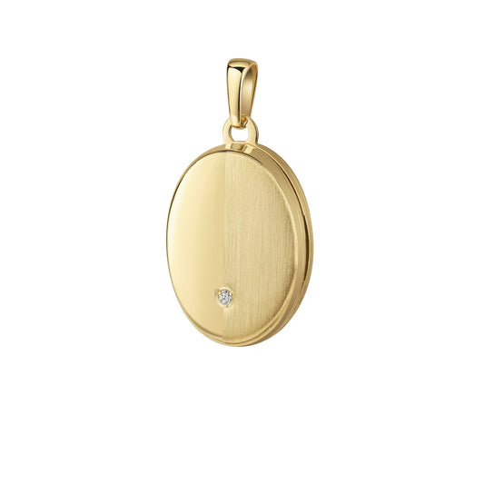 Goldenes ovales Medaillon mit matter Oberfläche, kleiner Zirkonia und polierter Anhängeröse