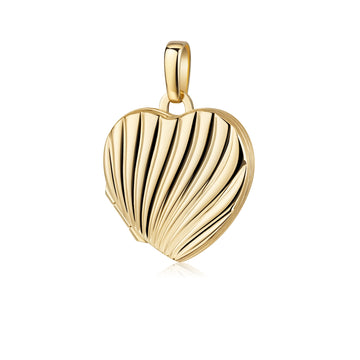 Goldenes Herz-Medaillon mit gerillter Muschelstruktur und polierter Oberfläche, aufklappbar für persönliche Erinnerungen