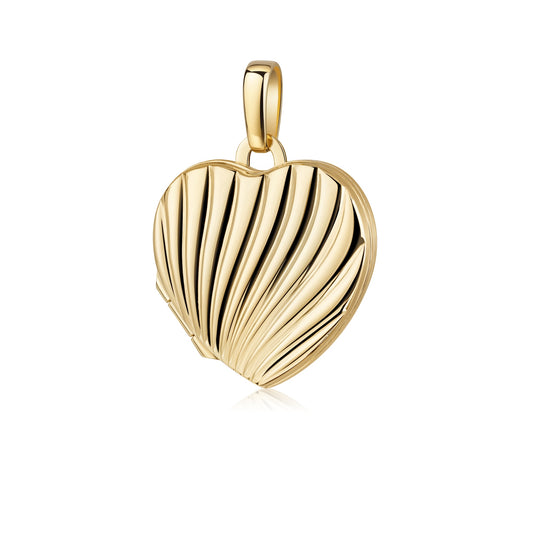 Goldenes Herz-Medaillon mit gerillter Muschelstruktur und polierter Oberfläche, aufklappbar für persönliche Erinnerungen